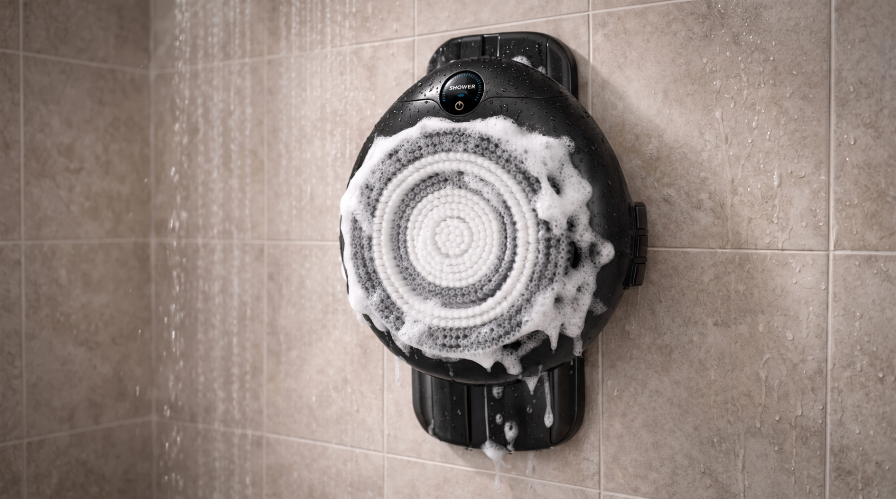 LumaScrub wall-mounted back scrubber in a shower with lather